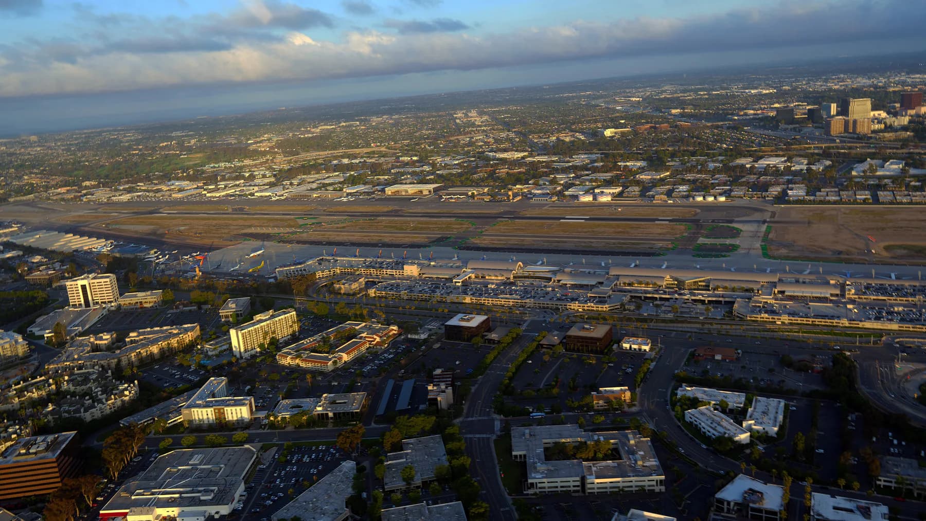 Aerial view of John Wayne Airport and the surrounding Orange County neighborhoods