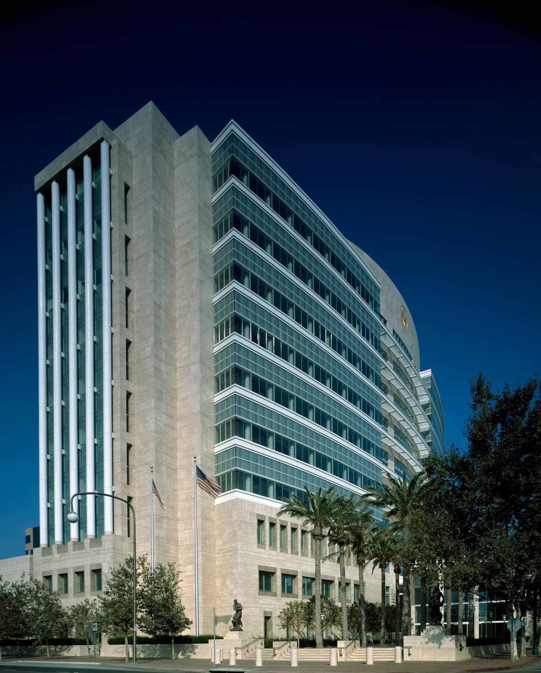 Ronald Reagan Federal Building and palm trees in downtown Santa Ana